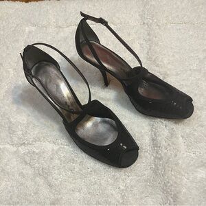 Nina OLYMPIA Women Shoes Black FAILLE Sequin Open Toe T-Strap High Heels Sz 10M